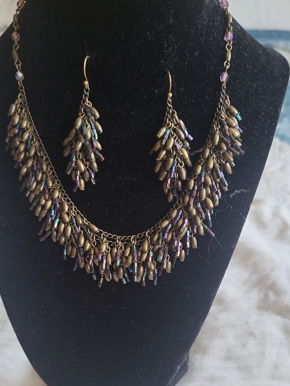 Brass-Tone Multi-Bead Fringe Necklace & Earring Set - Purple Accent